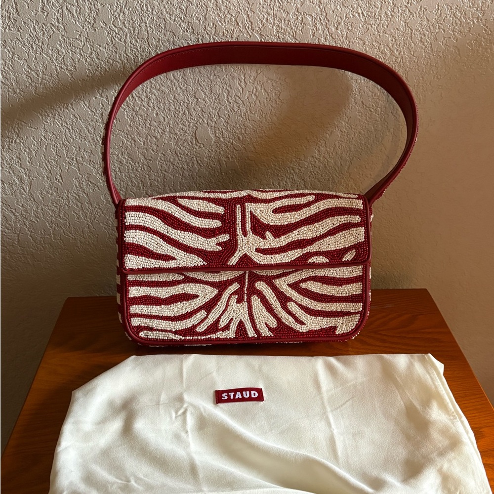 STAUD Red and White Beaded Shoulder Bag